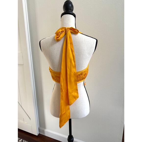 Ramy Brook Lina Satin Crop Top Yuzu Orange Floral Sateen Cutout NWT size 4 - Picture 6 of 15